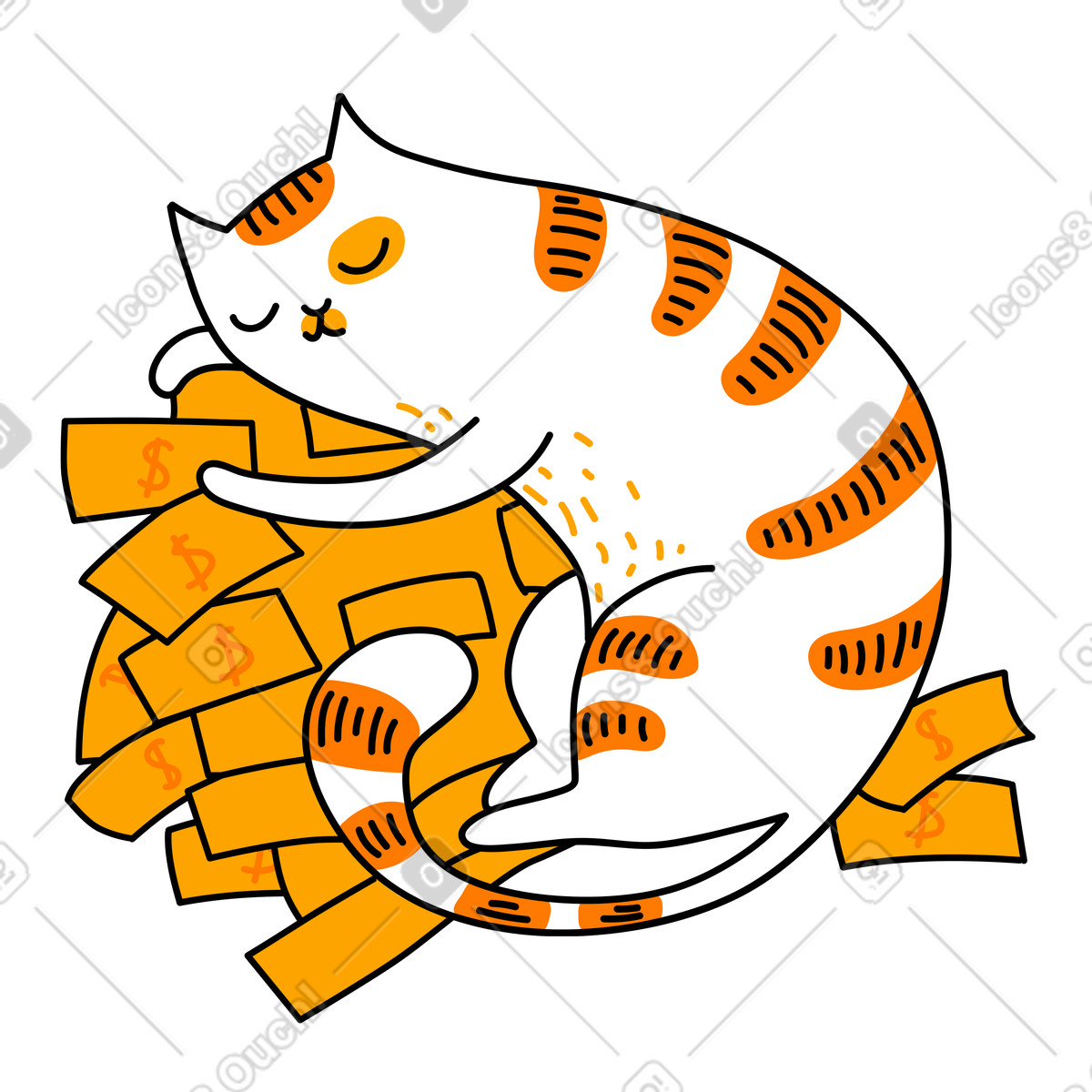 下载 Purr 风格的 贪婪的猫躺在钞票上 插画，支持 PNG、SVG 格式