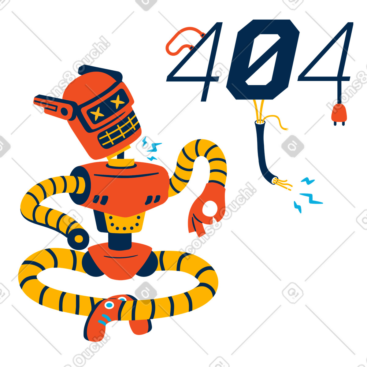Malfunctioning robot with 404 error message illustration in PNG, SVG