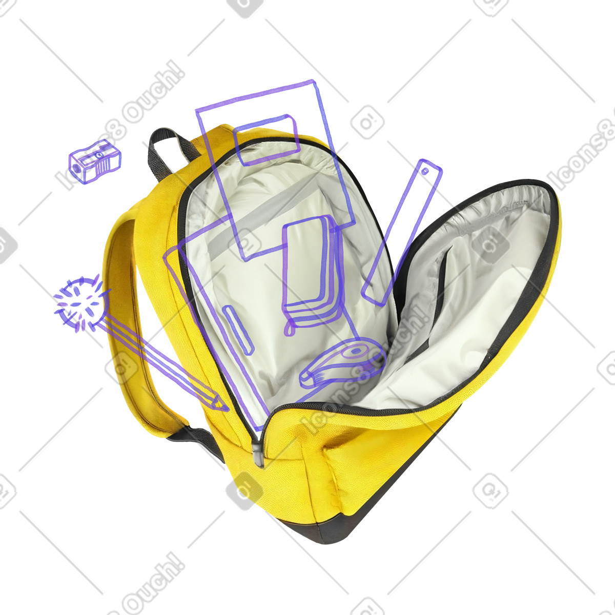 Yellow backpack with drawn stationery, School supplies and student readiness illustration in Marker style download in PNG, SVG