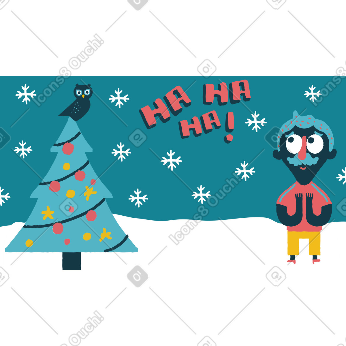 Ilustração de Homem rindo uma coruja na árvore natal em no estilo Flamenco para baixar em PNG, SVG
