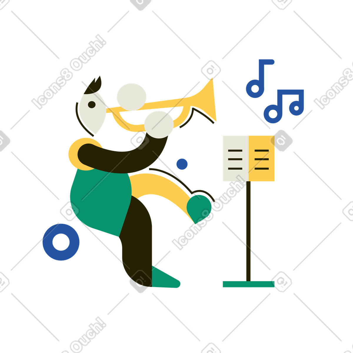 Man playing a trumpet while reading musical notes illustration in Spot style download in PNG, SVG