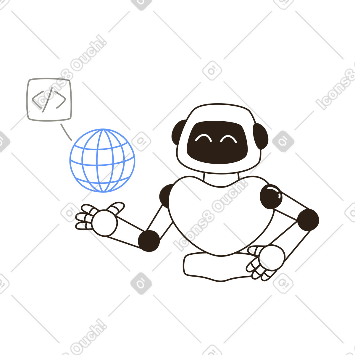 Robot holding globe and code icon, Online coding assistant concept illustration in Plain style download in PNG, SVG