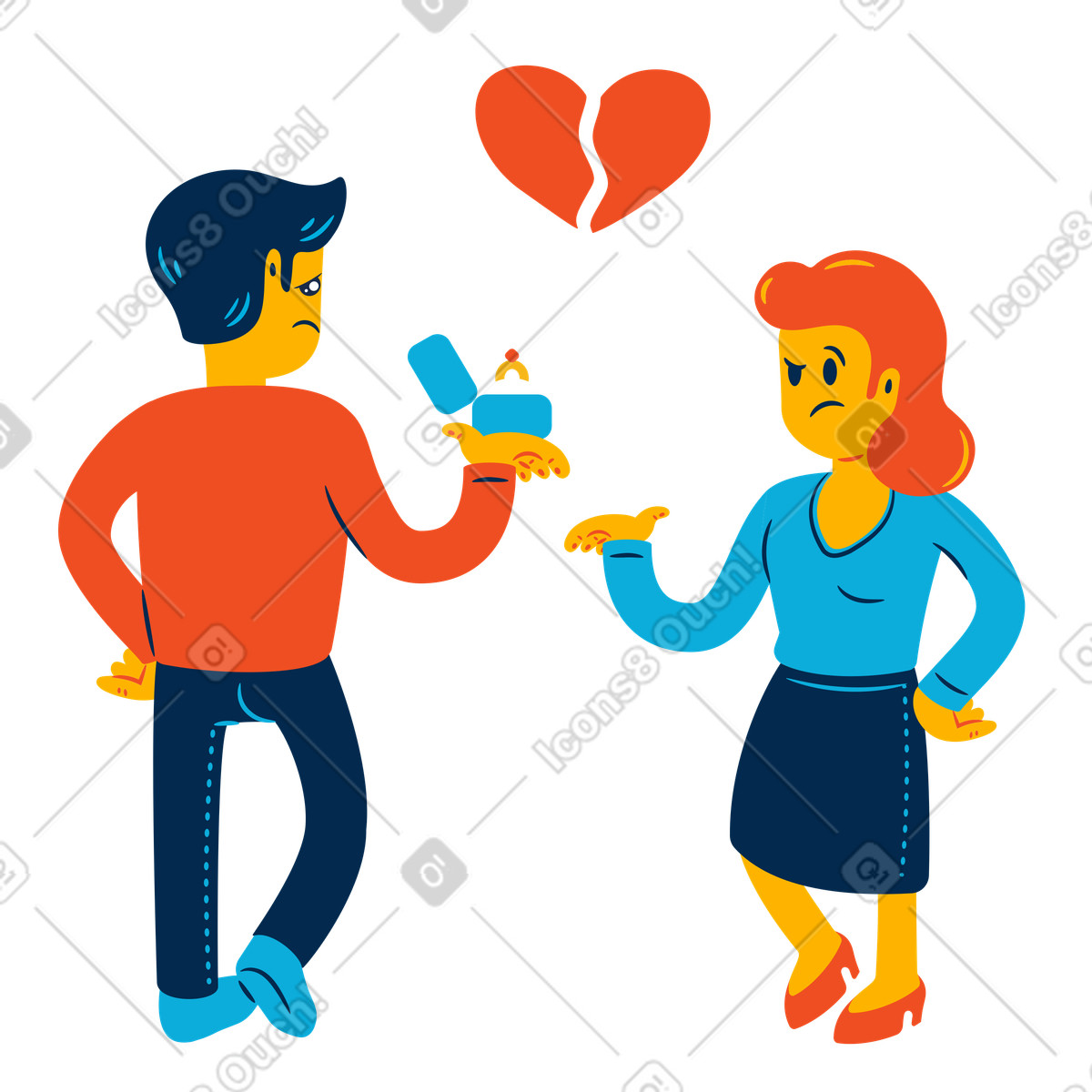 Girlfriend rejecting marriage proposal, Failed romance and heartbreak-Illustration im Flame-Stil als Download in PNG, SVG
