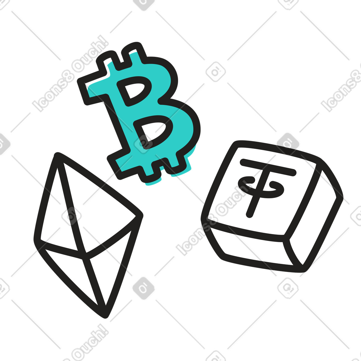 Cryptocurrencies: Bitcoin, Ethereum, Tether illustration in PNG, SVG
