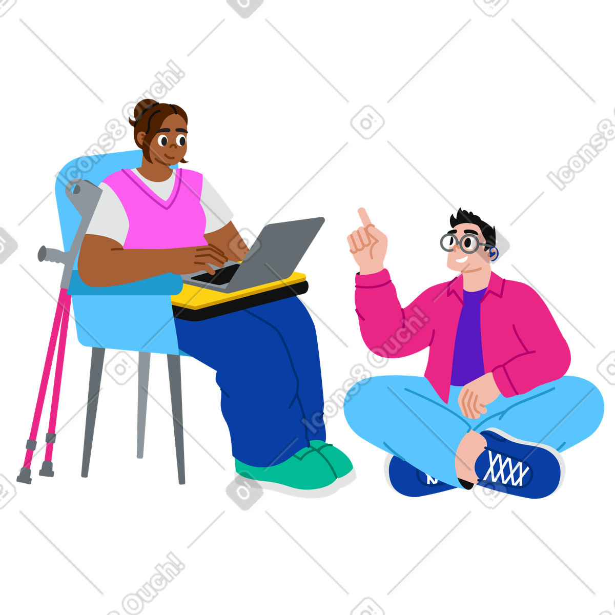 Girl with crutches and boy with a hearing aid studying illustration in Active style download in PNG, SVG