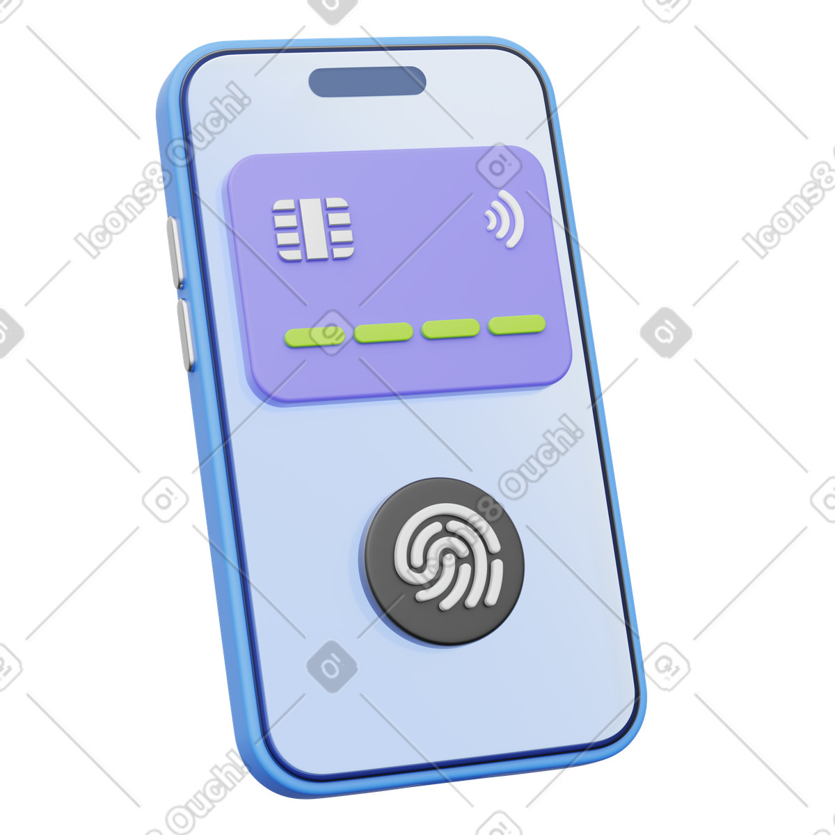 3D Playful スタイルの Biometric authentication for mobile payments, Smartphone with payment card and fingerprint のイラストをPNG、SVG形式でダウンロード