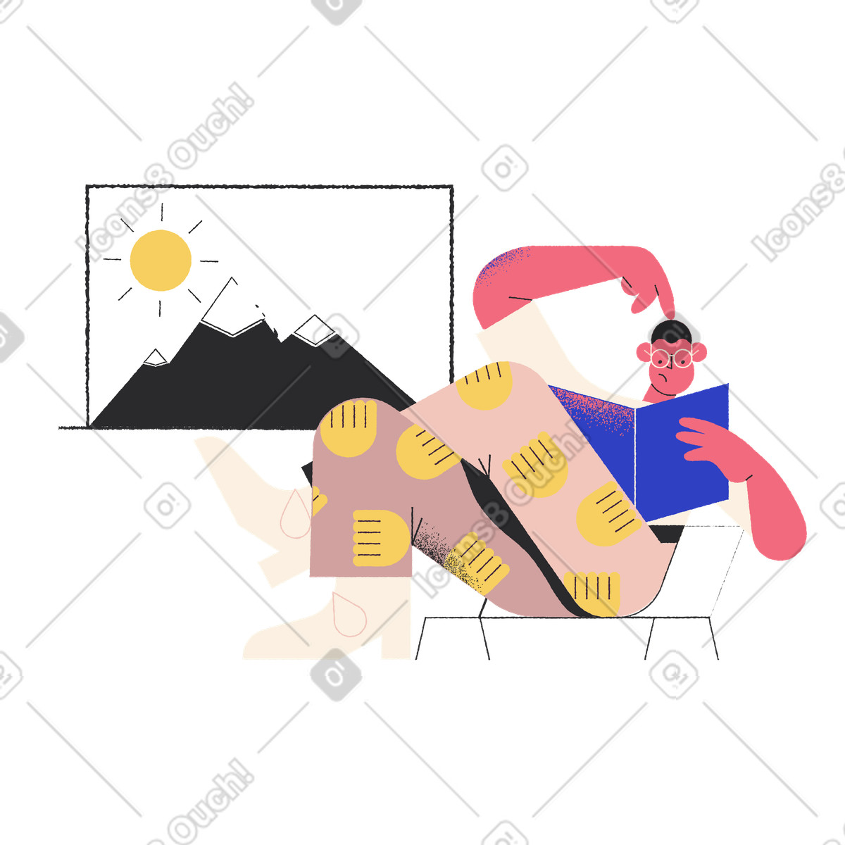 Thoughtful man scratching his head and reading a book illustration in Pablo style download in PNG, SVG
