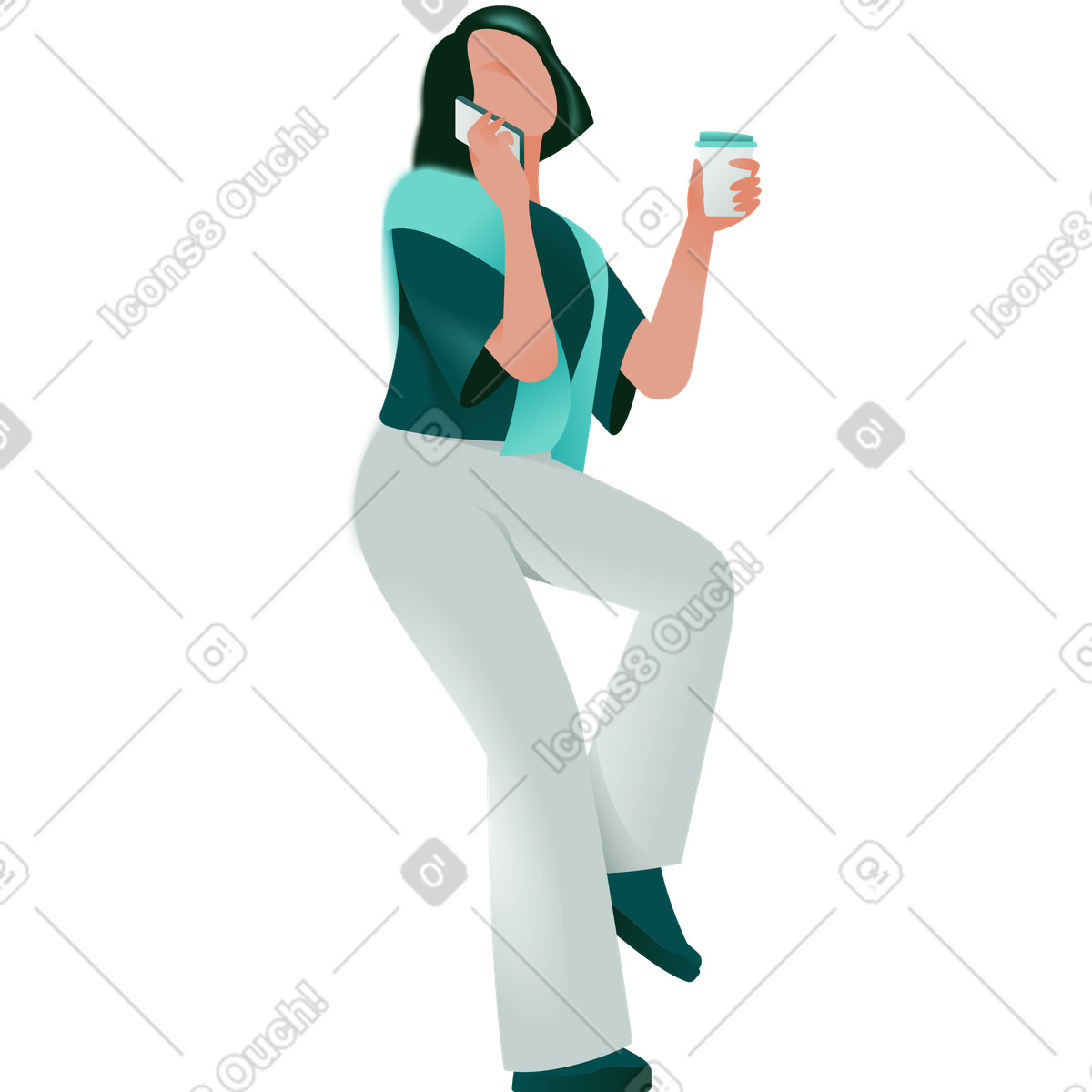 Illustration Femme assise buvant du café et parlant au téléphone dans le style Office à télécharger aux formats PNG, SVG