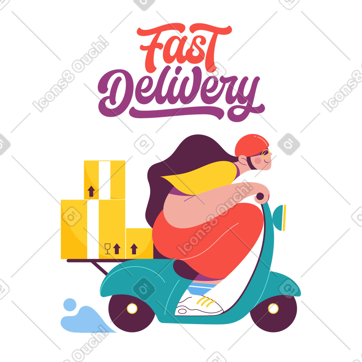 Illustration Courier riding scooter with packages, Fast delivery service dans le style Sammy à télécharger aux formats PNG, SVG