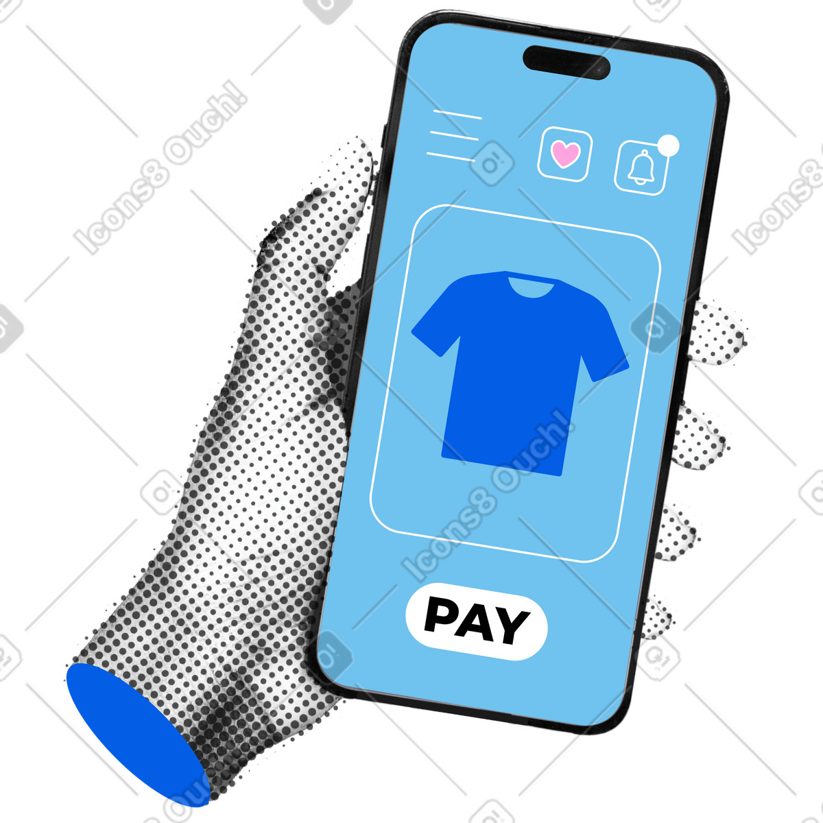 Hand holding the phone with shopping app illustration in PNG, SVG