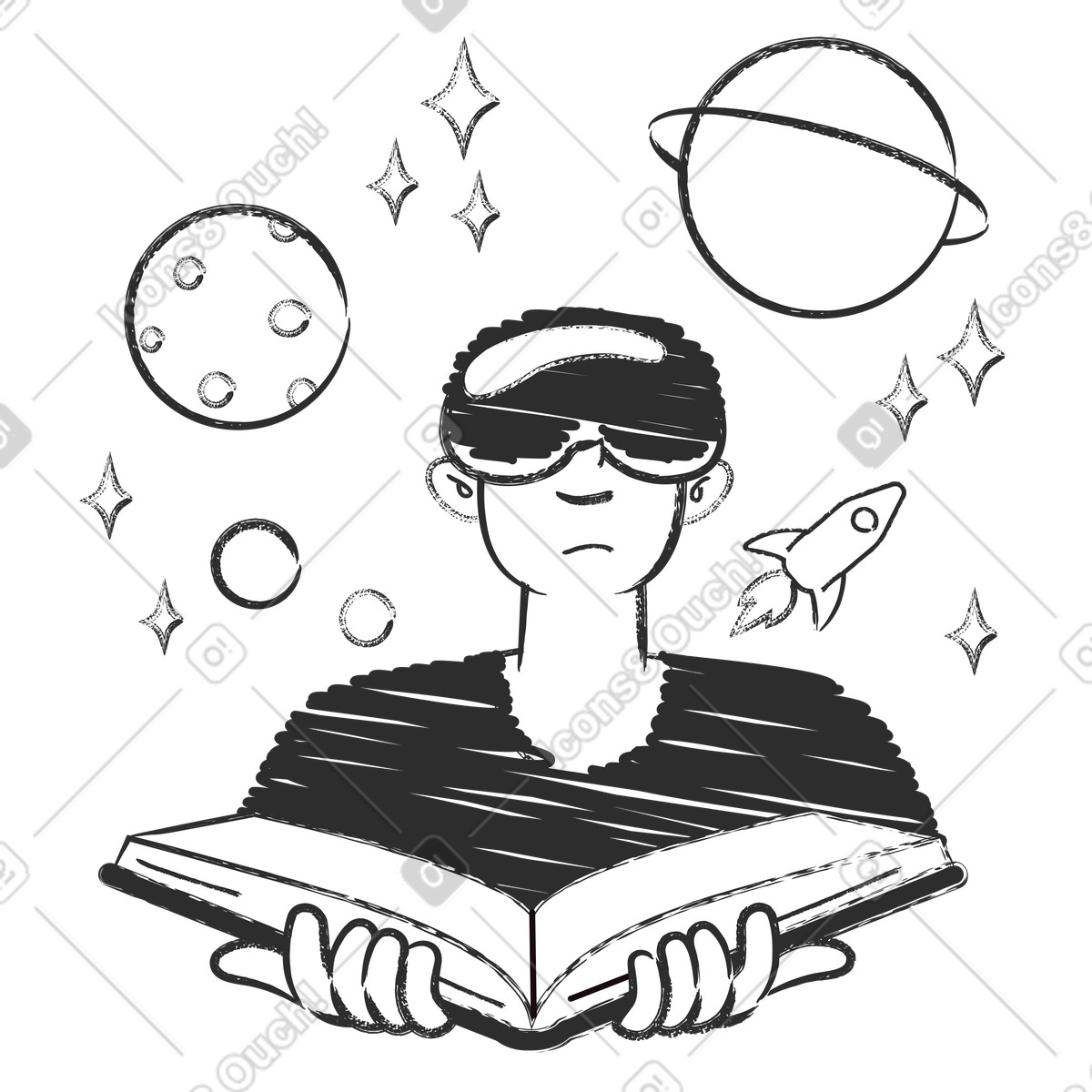Exploring planets with VR, Edtech and digital learning innovation illustration in Graphite style download in PNG, SVG