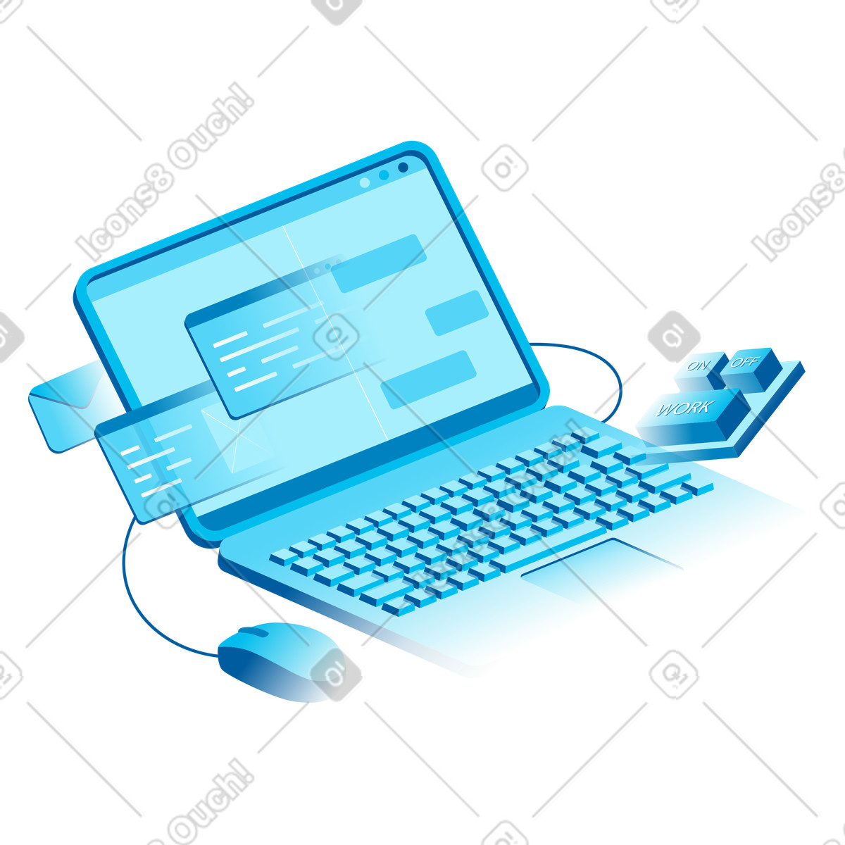 Ilustração de Fluxo trabalho, laptop com e-mails trabalho e tarefas em no estilo Icy para baixar em PNG, SVG