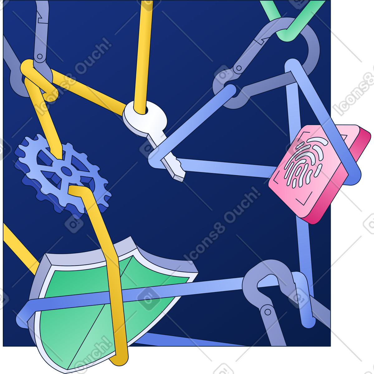 Tethered shield, a key and fingerprint illustration in Neat style download in PNG, SVG
