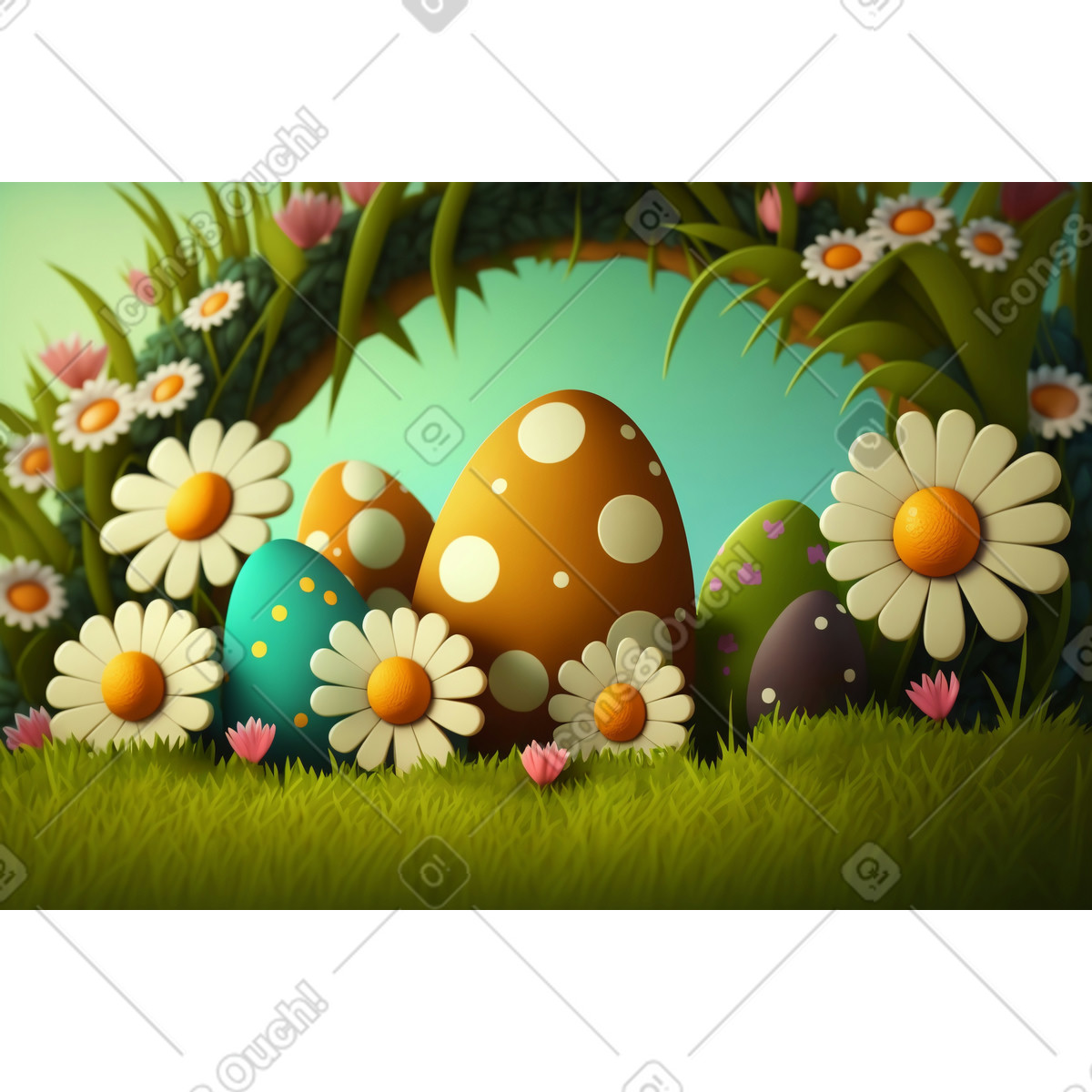 3D composition with flowers and easter eggs illustration in Experimental style download in PNG, SVG