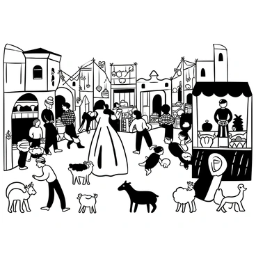 "Juliet" dressed in a flowing gown, walking through a crowded medieval market filled with various stalls. The stalls are draped with colorful fabrics and display an array of goods such as fruits, vegetables, pottery, and textiles. Townsfolk are engaged in lively conversations and transactions around her. A jester in a patterned outfit is performing nearby, drawing the attention of children. A backdrop of timber-framed buildings adds depth to the scene, with a market banner fluttering overhead. Various animals, such as chickens and goats, roam freely among the people.