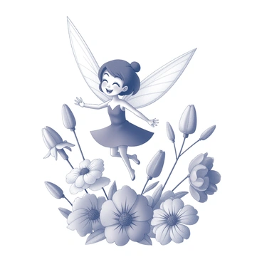 A tiny fairy with delicate features gracefully dances among a cluster of flowers. The fairy's wings, intricately shaped and resembling feathers, are outstretched behind her, capturing the light as she moves. Surrounding her are various flowers with intricate petals, some in a closed bloom and others fully opened, creating a vibrant scene. The fairy's expression is one of joy and delight as she twirls, creating a sense of movement among the still flora.