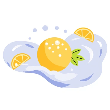 A white bathtub filled with water, creating gentle ripples. In the center of the tub, a yellow lemon bath bomb is fizzing energetically, releasing bubbles and small splashes of water around it. Bright, citrusy lemon slices and green mint leaves float on the surface of the water, adding vibrant colors to the scene. Light reflections create a sparkling effect, enhancing the fresh and invigorating atmosphere.