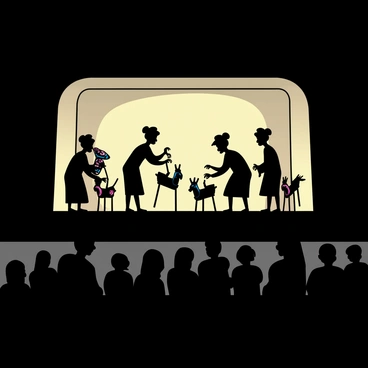 A shadow puppet stage displaying intricate "traditional Malaysian puppets" in a darkened room. The puppets are delicately crafted, showcasing detailed patterns and vibrant colors, illuminated from behind to create striking silhouettes. The puppeteers, dressed in traditional attire, are manipulating the puppets, their hands visible as they bring the characters to life. A subtle glow surrounds the stage, enhancing the atmosphere of the performance. "An audience" is gathered in front, captivated by the unfolding story told through the shadows.