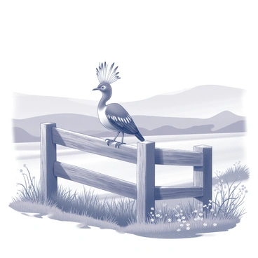 A lyrebird is perched gracefully on a rustic wooden fence. The fence has a weathered appearance, with rough edges and a natural, earthy tone, blending seamlessly into the rural setting. Surrounding the fence, there are patches of grass and scattered wildflowers, providing a natural backdrop. The lyrebird displays its distinctive tail feathers, which are elegantly fanned out, showcasing their unique shape and intricate patterns. In the distance, rolling hills are visible under a vast sky, emphasizing the tranquility of the rural scene.