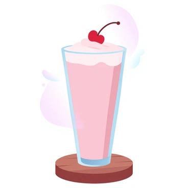 A tall, clear glass is positioned on a wooden surface. A creamy guava shake is being poured into the glass, showing a smooth and velvety texture. The shake is a light pink color with a slight froth at the top. A bright red cherry, perfectly placed, sits atop the shake, contrasting against the pink. The background features soft gradient pastel colors that complement the drink.