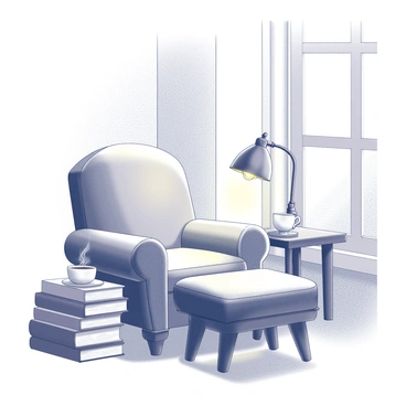 A cozy reading nook with a plush armchair, an old lamp, and a stack of books