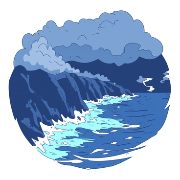 A duotone illustration captures a dramatic aerial view of a stormy coastline. The coastline is defined by rugged cliffs that drop steeply into the ocean. The waves are large and crash against the rocks, sending white foam splashing into the air. Above, dark clouds fill the sky, creating a sense of tension in the atmosphere. The contrast between the ocean and the rocky shore emphasizes the power of nature in this scene.