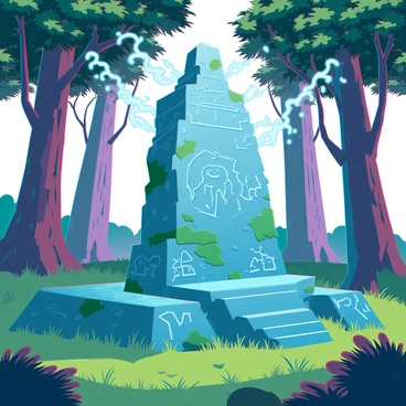 An ancient stone altar, weathered and covered in moss, stands in the center of a lush green clearing. The altar is adorned with intricate carvings depicting mythical creatures and ancient symbols. Surrounding the altar are glowing runes, pulsating with a soft blue light, illuminating the area around them. The clearing is framed by tall, dense trees with thick trunks and vibrant leaves. Shafts of light filter through the branches, casting dappled shadows on the ground. A sense of mystery fills the air as small, ethereal wisps of light hover above the altar, adding an otherworldly atmosphere to the scene.