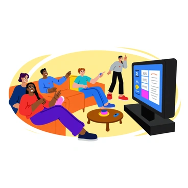A group of five people gathered around a large television set, intently watching the election results. Each person displays a range of expressions, from excitement to nervousness. They are seated on a comfortable couch, and snacks are placed on a low coffee table in front of them. The television screen shows colorful graphics and numbers related to the election. One person is holding a remote control, while another is pointing at the screen. The room is warmly lit, creating a cozy atmosphere as they await the outcome.