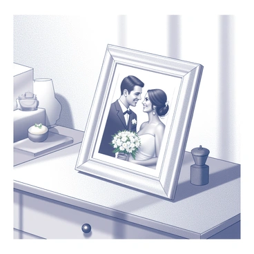 An elegant white picture frame sits on a bedside table. The frame holds a romantic wedding photo, depicting a couple on their special day. The couple is smiling at each other, surrounded by delicate floral arrangements. The bedside table features a small decorative item, perhaps a candle or a book, enhancing the intimate atmosphere of the setting. Soft lighting casts gentle shadows, creating a warm and inviting vibe in the room.