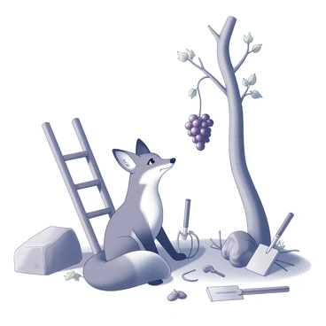 A fox with a bushy tail is sitting on its haunches, gazing intently at a cluster of grapes hanging high on a vine. The fox has a curious expression, with its ears perked up and a slightly tilted head. Surrounding the fox are several objects, including a wooden ladder leaning against a tree, a large rock, and a collection of various tools such as a small shovel and a rope. The ground is covered with fallen leaves and twigs, adding texture to the scene. The overall composition showcases the fox's thoughtful posture and the assortment of items that suggest its dilemma.