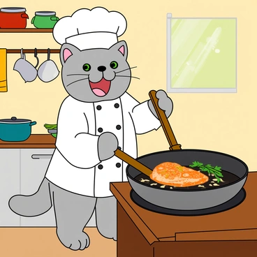 A cute cat with soft gray fur and bright green eyes is smiling widely. The cat is wearing a traditional white chef's hat and a matching chef coat, which is neatly buttoned. It stands on its hind legs in a bright kitchen, with colorful pots and pans hanging from the wall. On the counter, there is a large frying pan with a sizzling fish dish that has herbs and vegetables beside it. The cat is stirring the dish with a wooden spoon, and there are small splashes of oil around the pan. Sunlight streams through the window, casting a warm glow on the scene.