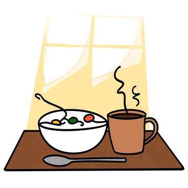 A cozy breakfast scene on a wooden table. There is a white bowl filled with colorful cereal, with milk splashing slightly from the top. Next to the bowl, there is a steaming cup of coffee with a light brown ceramic exterior. A small spoon rests beside the bowl. The background features soft morning light coming through a window, illuminating the table and creating a warm atmosphere.