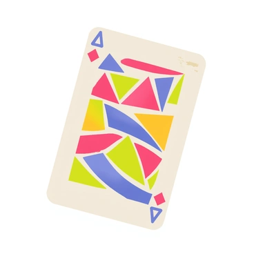 A playing card with a rectangular shape featuring a vibrant mosaic pattern. The mosaic consists of various geometric shapes, including triangles, squares, and diamonds, in bright colors such as red, blue, green, and yellow. The card has a smooth glossy finish, enhancing the vividness of the colors.