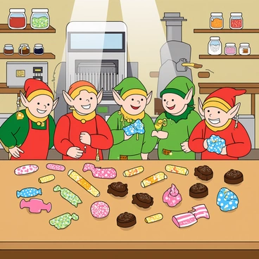 A group of cheerful elves with pointed ears and bright eyes are busy in a bustling candy factory. Each elf is wearing a colorful costume adorned with bells and patterns, reflecting a playful atmosphere. They are gathered around a large wooden table covered with an assortment of sweets in various shapes and sizes, such as lollipops, gummy bears, and chocolate truffles. The elves are carefully wrapping the candies in vibrant, shiny paper, some featuring polka dots and others with stripes. In the background, candy machines are humming and spewing out treats, while shelves are filled with jars of colorful ingredients like sprinkles and sugar. Soft beams of light illuminate the factory, adding to the nostalgic charm of the scene.