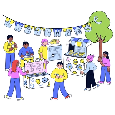 A vibrant festival dedicated to "lysosomes" takes place in a lively outdoor setting. Colorful banners in shades of blue, yellow, and green hang between trees, each featuring the word "lysosomes" in bold, playful letters. Various interactive displays are set up, showcasing diagrams and illustrations of lysosomes, with informative text describing their functions. People of different ages are engaged in activities, some are making crafts related to cell biology, while others are enjoying snacks from food stalls decorated with cheerful motifs. The overall atmosphere is festive and educational, with a sense of community and excitement.