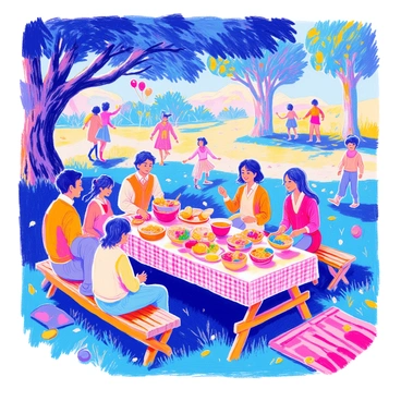 An outdoor family gathering is taking place underneath a large leafy tree. A wooden picnic table is set up and filled with a variety of delicious food, including a large platter of sandwiches neatly arranged, bowls of fresh fruit, and a colorful salad. A punch bowl is positioned at the center of the table, filled with a vibrant red punch and garnished with slices of oranges and lemons. Surrounding the table are family members of various ages, some seated and others standing, smiling and chatting. A checkered tablecloth covers the table, and the ground is dotted with picnic blankets and colorful cushions. In the background, there are playful children running around and a few balloons tied to a nearby tree.