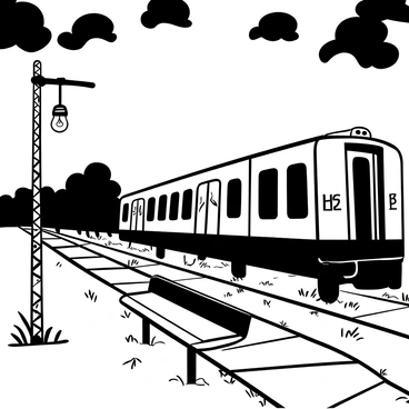 A desolate train platform with weathered wooden benches and rusty metal supports. The platform is empty, with an old, abandoned train car standing to one side, partially covered in graffiti. The ground is scattered with debris and weeds growing through the cracks in the pavement. Above, a cloudy sky looms, with thick, dark clouds threatening rain, casting an overall sense of gloom. A single, flickering light bulb hangs from a metal pole, illuminating the scene with a faint glow, creating a stark contrast against the shadows.