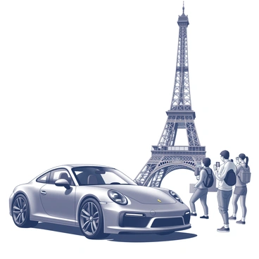 A sleek Porsche is parked in front of the Eiffel Tower. The car's design features smooth curves and an aerodynamic shape, showcasing its luxury appeal. In the background, a group of tourists holds cameras and smartphones, focused on capturing images of the iconic tower. The Eiffel Tower rises majestically, its iron lattice structure creating a striking contrast against the sky. The tourists, wearing casual clothing and excited expressions, add a lively atmosphere to the scene.