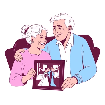 An elderly couple is sitting together on a cozy sofa, looking at a framed wedding photo. The couple shares a bittersweet smile as they reminisce about their past. The woman has silver hair pulled back in a neat bun, and she is wearing a soft pink sweater. The man, with a full head of gray hair, is dressed in a light blue shirt and a comfortable cardigan. The wedding photo is prominently displayed in front of them, showing a younger version of themselves on their special day, surrounded by a warm, inviting atmosphere.