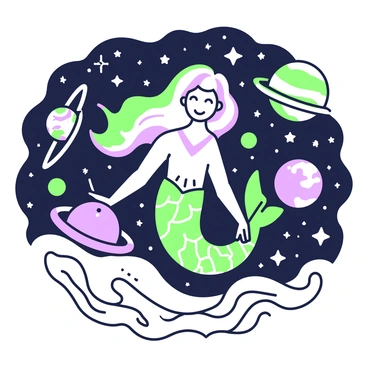 A celestial mermaid is swimming gracefully in a cosmic sea. She has flowing hair that seems to shimmer with a green and purple glow. Her tail is elegantly designed with scales that reflect the light of distant stars. Surrounding her are numerous stars twinkling in the vast darkness of space, and several planets of varying sizes float nearby, each displaying unique features. The cosmic sea appears to ripple gently around her, creating a sense of movement as she navigates through this stellar environment.