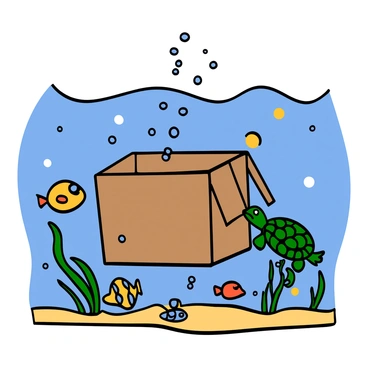 A large cardboard box is submerged underwater, surrounded by a variety of colorful fish swimming nearby. Bubbles rise from the box, creating a trail of effervescent circles in the clear blue water. Seaweed sways gently in the current, and a playful sea turtle glides past the box, occasionally peeking at it. Sunlight filters through the surface, casting shimmering patterns on the box, enhancing the underwater scene.