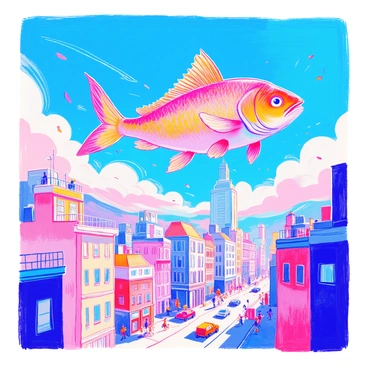 A giant fish with colorful scales is soaring through a bright blue sky, resembling a balloon. Its fins and tail are spread wide, catching the light. Below, a bustling cityscape is visible, featuring tall skyscrapers and small buildings. The streets are filled with tiny cars and people moving about, creating a lively atmosphere. Wispy clouds float gently in the background, adding depth to the scene.