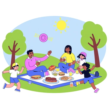 A comic-style illustration of a family picnic in a sunny park