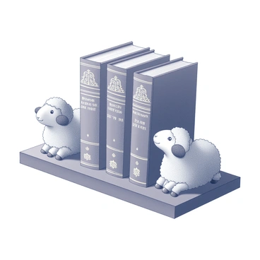 A pair of decorative bookends shaped like sheep. Each sheep is intricately designed with detailed fur texture and a charming expression. The bookends are positioned on a wooden shelf, supporting a set of classic books that are neatly lined up between them. The books have ornate spines with gold lettering and intricate patterns. The arrangement creates a visually appealing display, blending the vintage aesthetic of the bookends with the timeless nature of the classic literature.