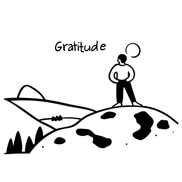 A person watching a sunrise labeled 'Gratitude' from a hilltop
