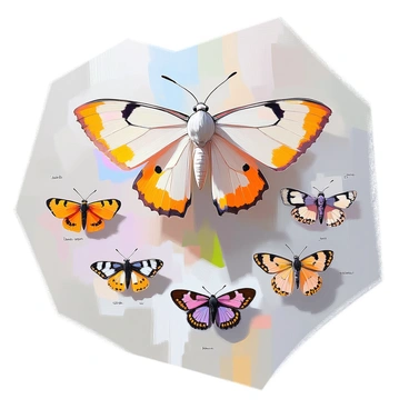 A detailed chart showcasing the biodiversity of moths featuring an array of different species. Each species is illustrated with distinct visual characteristics, including various colors, patterns, and sizes of their wings. The chart includes labeled sections for several moth species, such as the Luna moth, Atlas moth, and the Tiger moth, with each species represented by a high-quality image. Additionally, background elements include a gradient that suggests a natural habitat, enhancing the visual appeal of the biodiversity information presented. All species names are clearly displayed in a legible font next to their respective images.