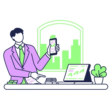 A banker is standing at a modern desk, holding a smartphone in one hand. The banker is wearing a formal suit with a tie and has short hair. On the desk, there is a laptop open, displaying charts and financial data. The banker points to the smartphone screen with their free hand, showcasing various mobile banking features. Around the desk, there are several financial documents and a small potted plant. In the background, a large window lets in natural light, revealing the silhouette of a city skyline.