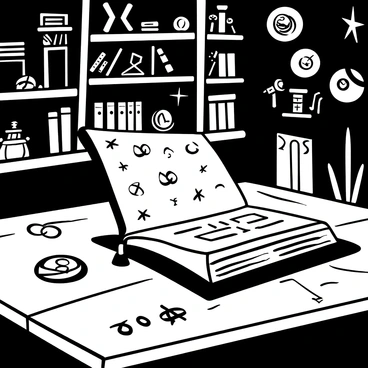 An ancient tome resting on a weathered wooden table, its pages slightly open. The cover is adorned with intricate designs and "glowing runes" scattered across its surface, casting a faint light. An "ominous aura" emanates from the book, creating a shadowy presence around it. Various mystical symbols and patterns are etched into the table, enhancing the mysterious atmosphere. In the background, a dimly lit room filled with shelves of scrolls and artifacts can be seen, adding to the sense of ancient knowledge and power.
