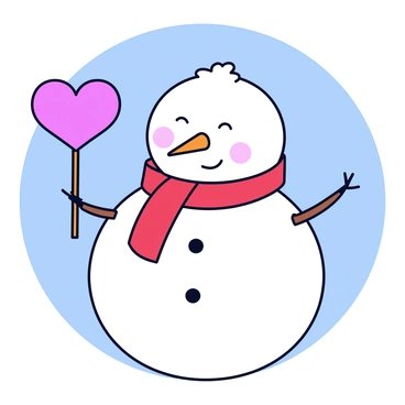 A snowman with a round body made of snow. The snowman has a friendly face with coal eyes and a bright orange carrot for a nose. Around its neck is a colorful red scarf that drapes down. In one of its stick arms, the snowman is holding a heart-shaped sign that is painted in pink. The background is a clear blue sky.