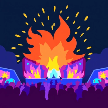 A rock concert scene featuring a stage with bright colorful lights. In front of the stage, a crowd of enthusiastic fans is cheering and waving their hands. Above the stage, there is a dazzling explosion of flames and colorful sparks shooting into the air. The flames are orange and red, creating a vibrant contrast against the dark night sky. The sparks are golden, twinkling as they cascade downwards, adding excitement to the dynamic atmosphere of the concert.